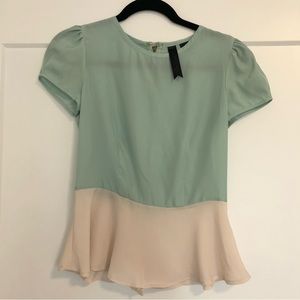 Petticoat Alley Mint Green Cream Peplum Puffy Short Sleeves Lace Blouse Small S